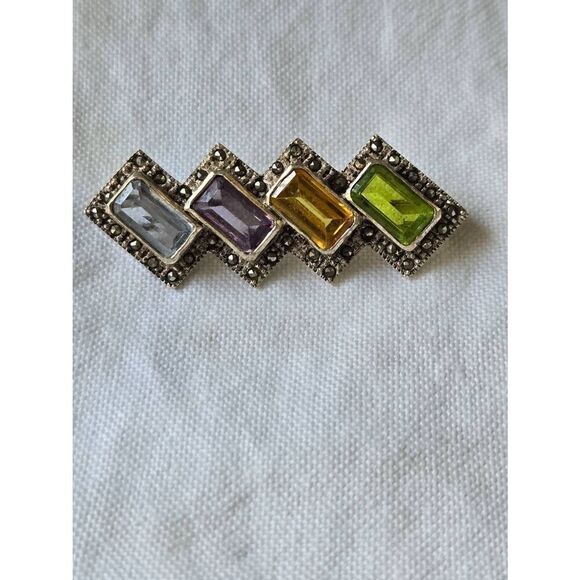 Vintage 925 Sterling Silver Marcasite Semi Precious Stones Pin Brooch - Picture 4 of 4